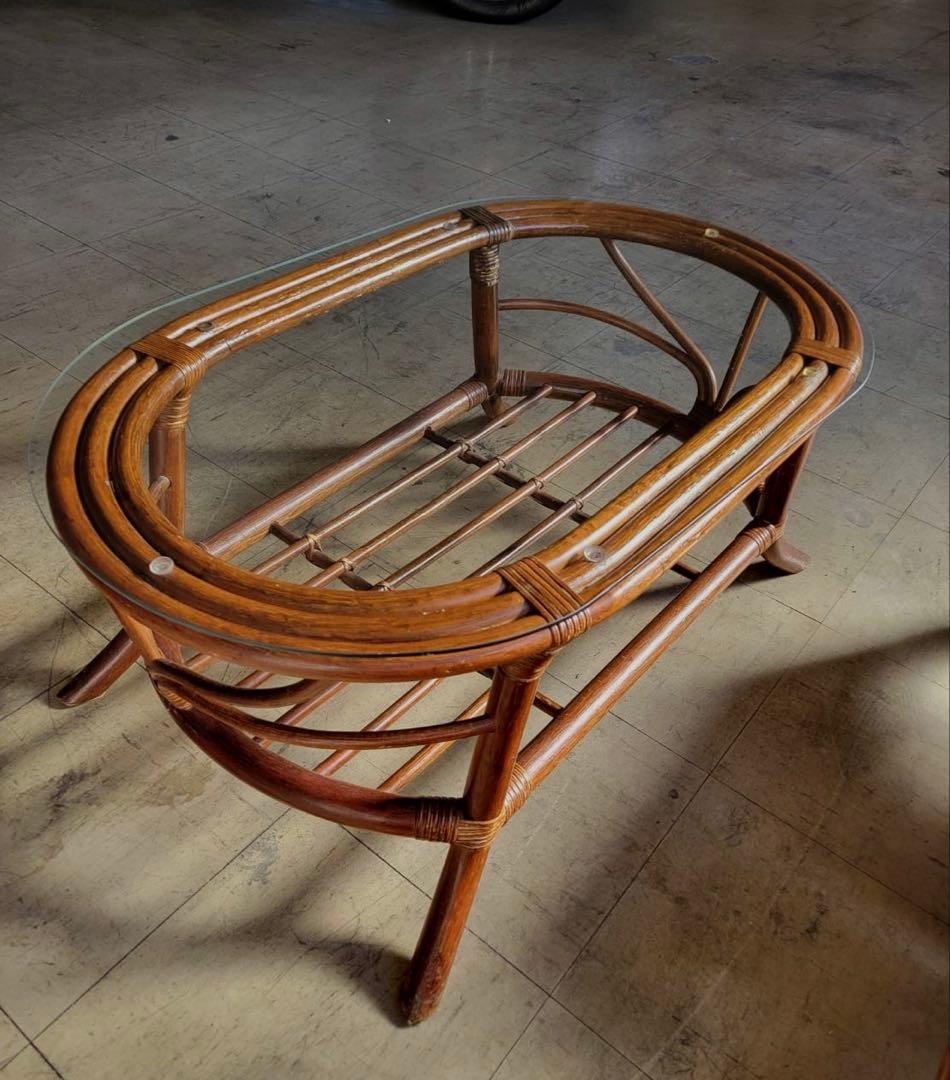 ラタン家具　センターテーブル　ガラステーブル　コーヒーテーブル　※直接引き取り可