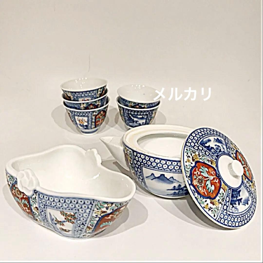 酒井田柿右衛門　煎茶器揃い　宝瓶　湯冷　湯呑　染付茶器　茶道具　染錦間取山水地紋