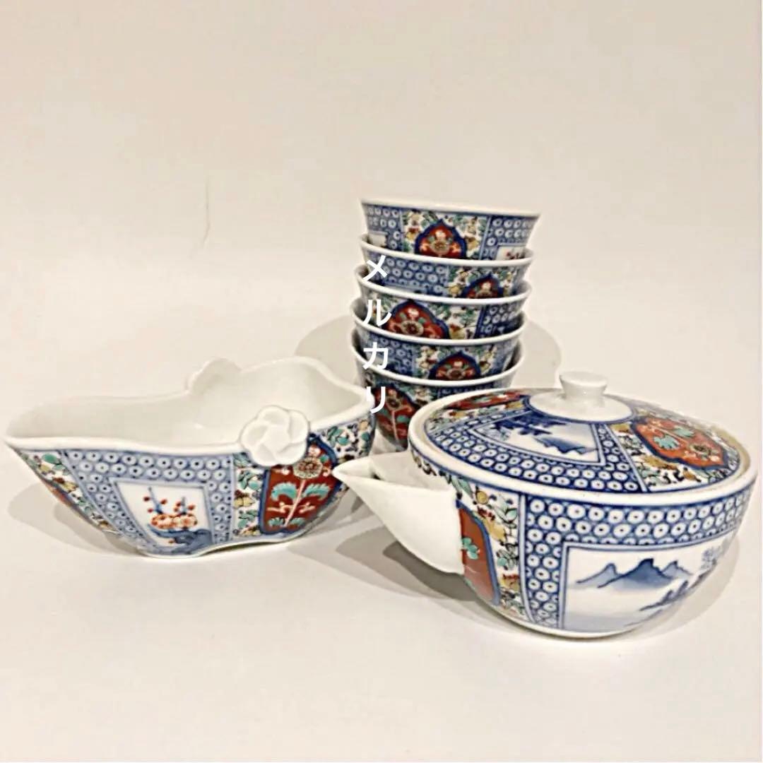 酒井田柿右衛門　煎茶器揃い　宝瓶　湯冷　湯呑　染付茶器　茶道具　染錦間取山水地紋