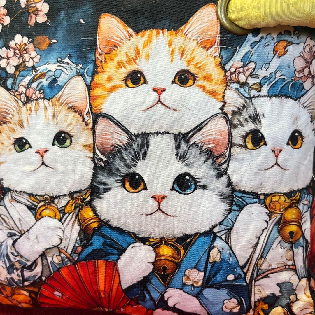 猫がいっぱい 一閑張り バッグ かごバッグ ハンドバッグ 和柄 猫 横長大きめ
