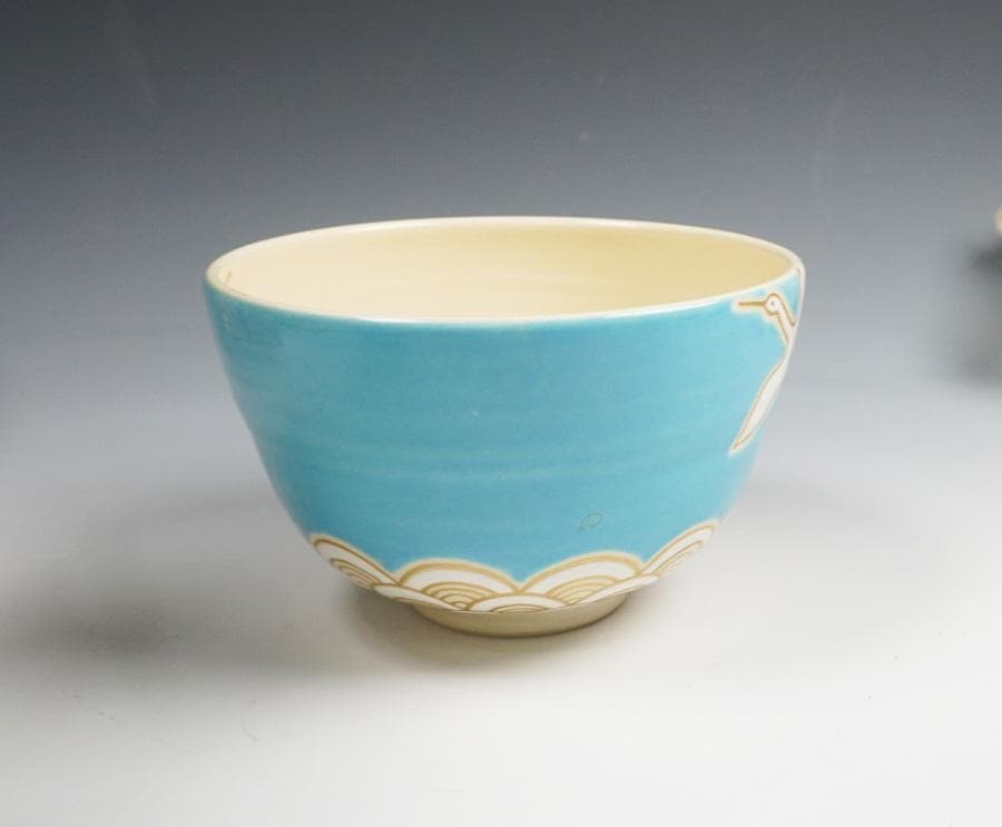 伊藤魁雲 青地鶴之図茶碗 茶道具 共箱