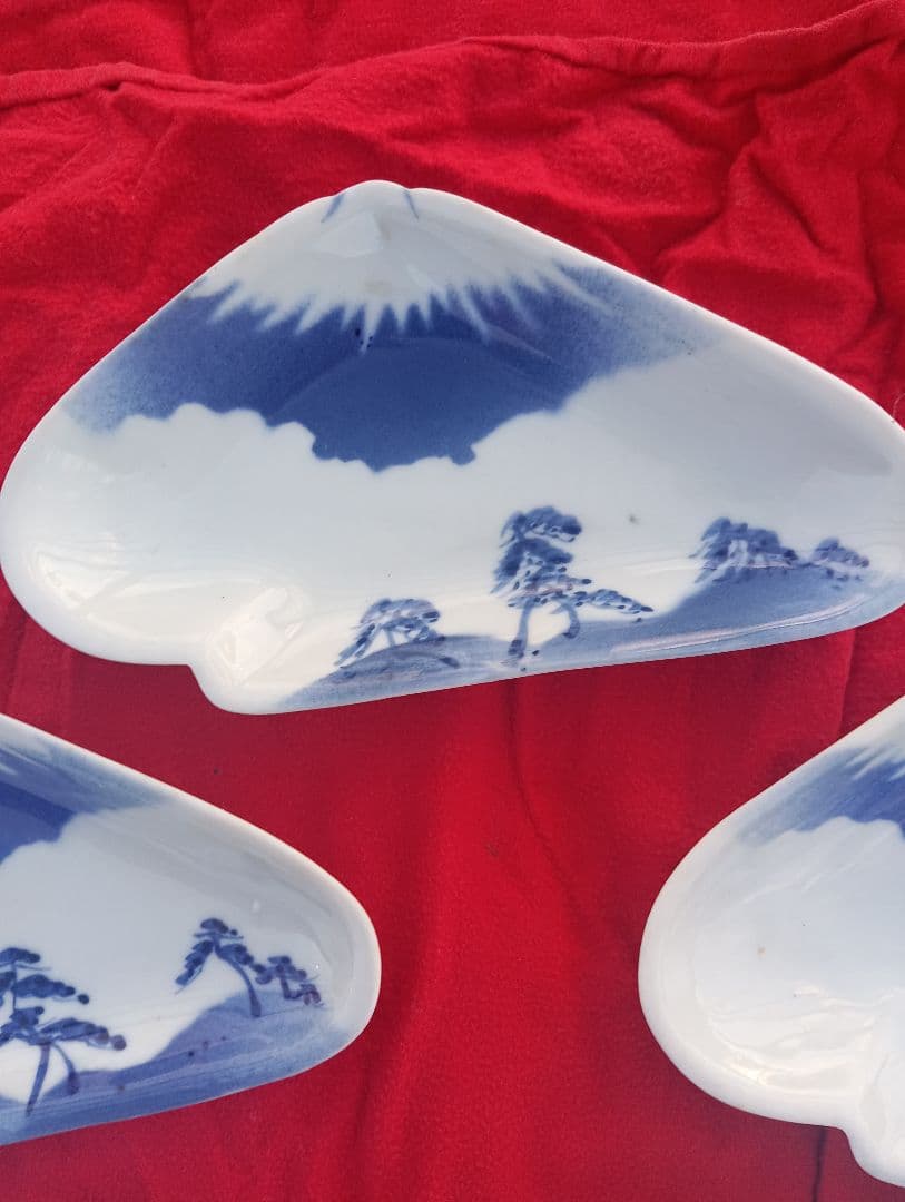 富士山デザイン陶器皿5枚セット　古伊万里　変形　小皿
