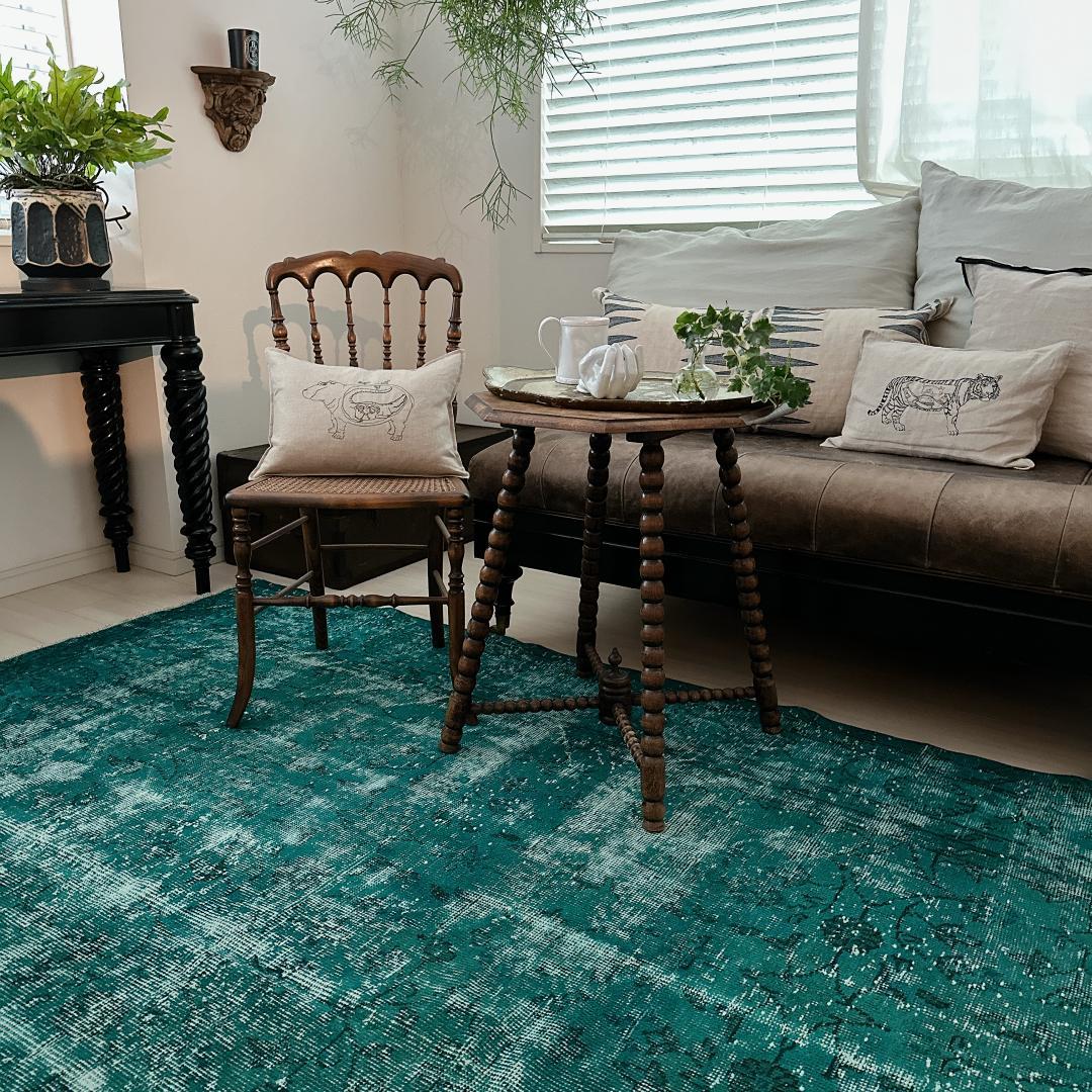 トルコ製ヴィンテージラグ981 超大判 ダークターコイズブルー オーバーダイ