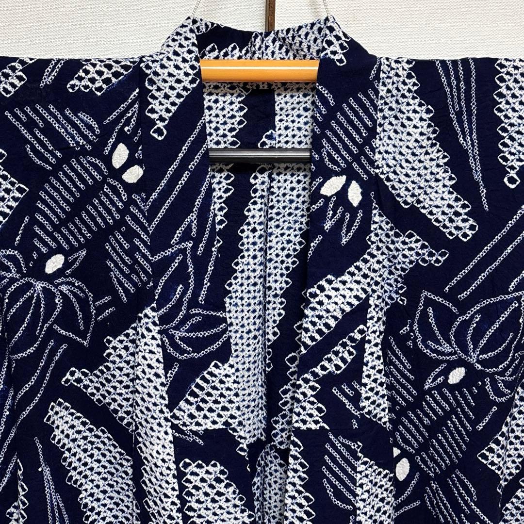 浴衣【有松絞り】白紺色 女性用 木綿 夏用 総絞り 有松鳴海絞り 菖蒲柄 藍染