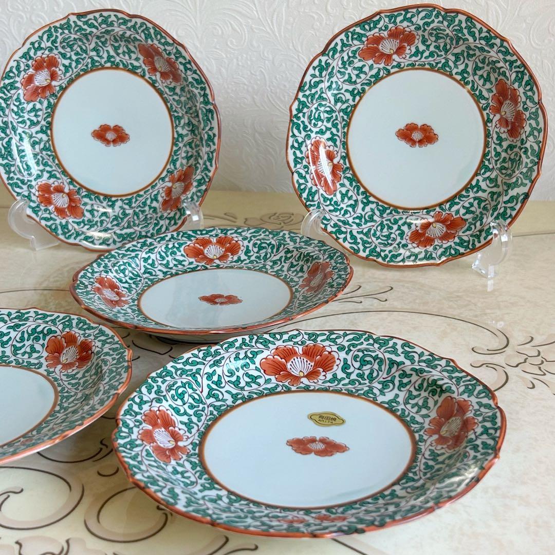 有田焼　高山窯　緑彩花唐草　中皿揃　5枚セット　和皿　深皿　色絵　輪花皿　花柄