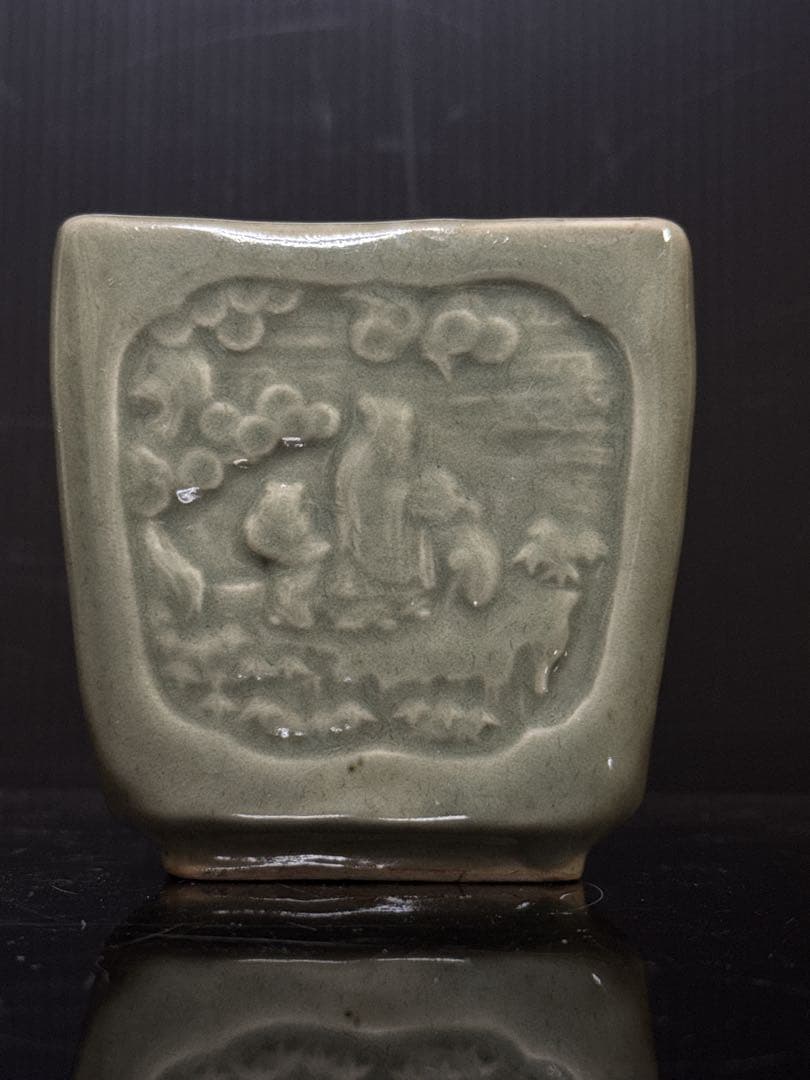 江戸期 三田焼 青磁 窓絵人物図 火入 灰器 茶道具