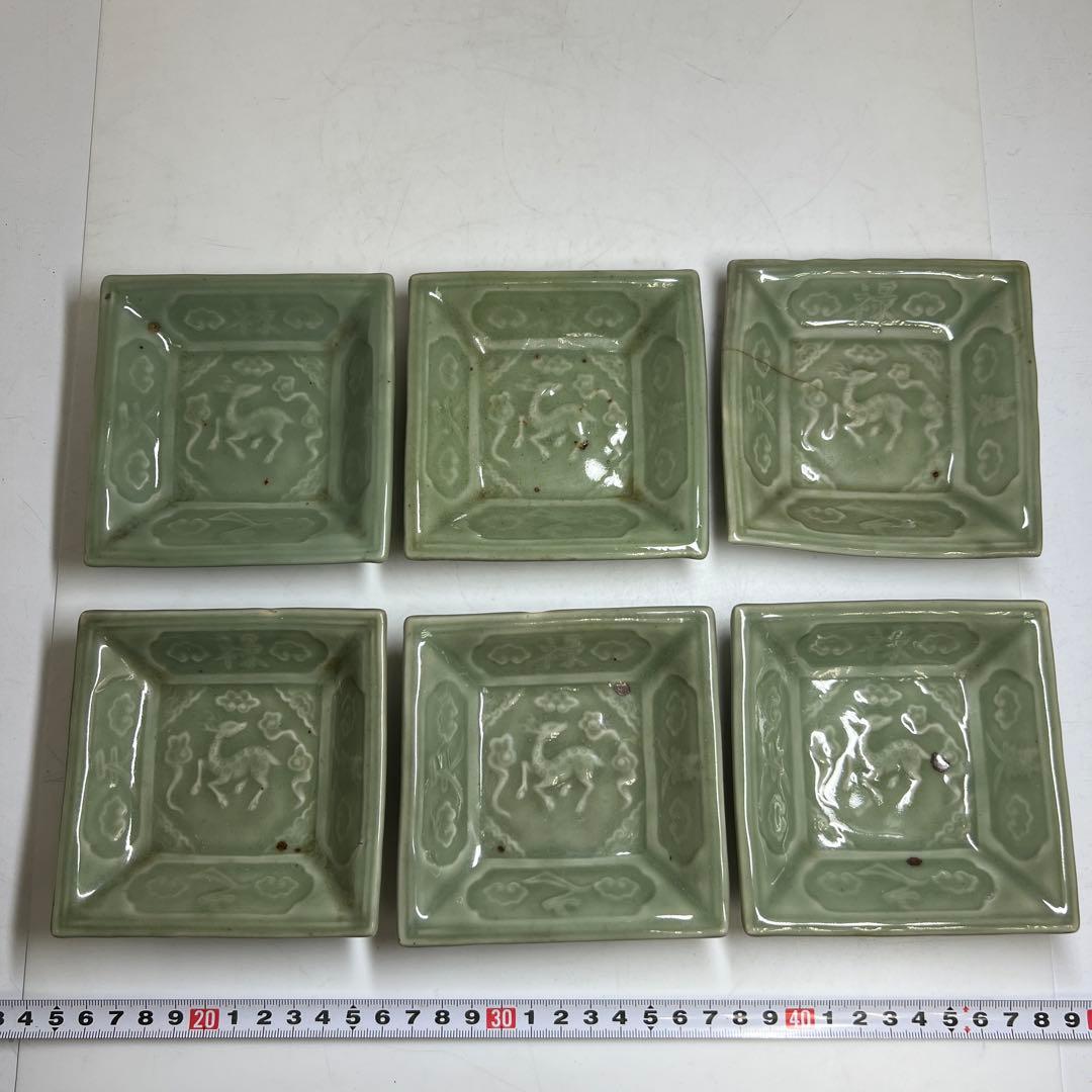 江戸後期　三田青磁鹿文角皿12枚　木箱付　東Y8-0122☆2Fトヒル