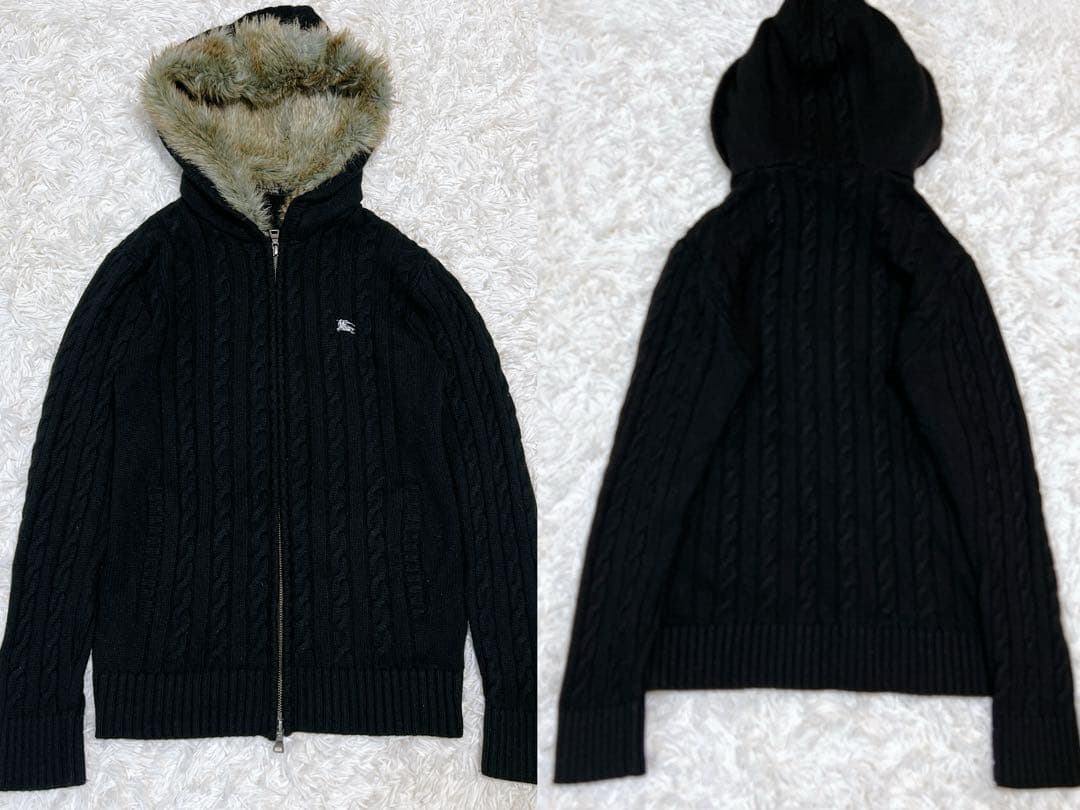 美品✨バーバリー ドライバーズニット ファー フード ケーブルニットパーカー 黒