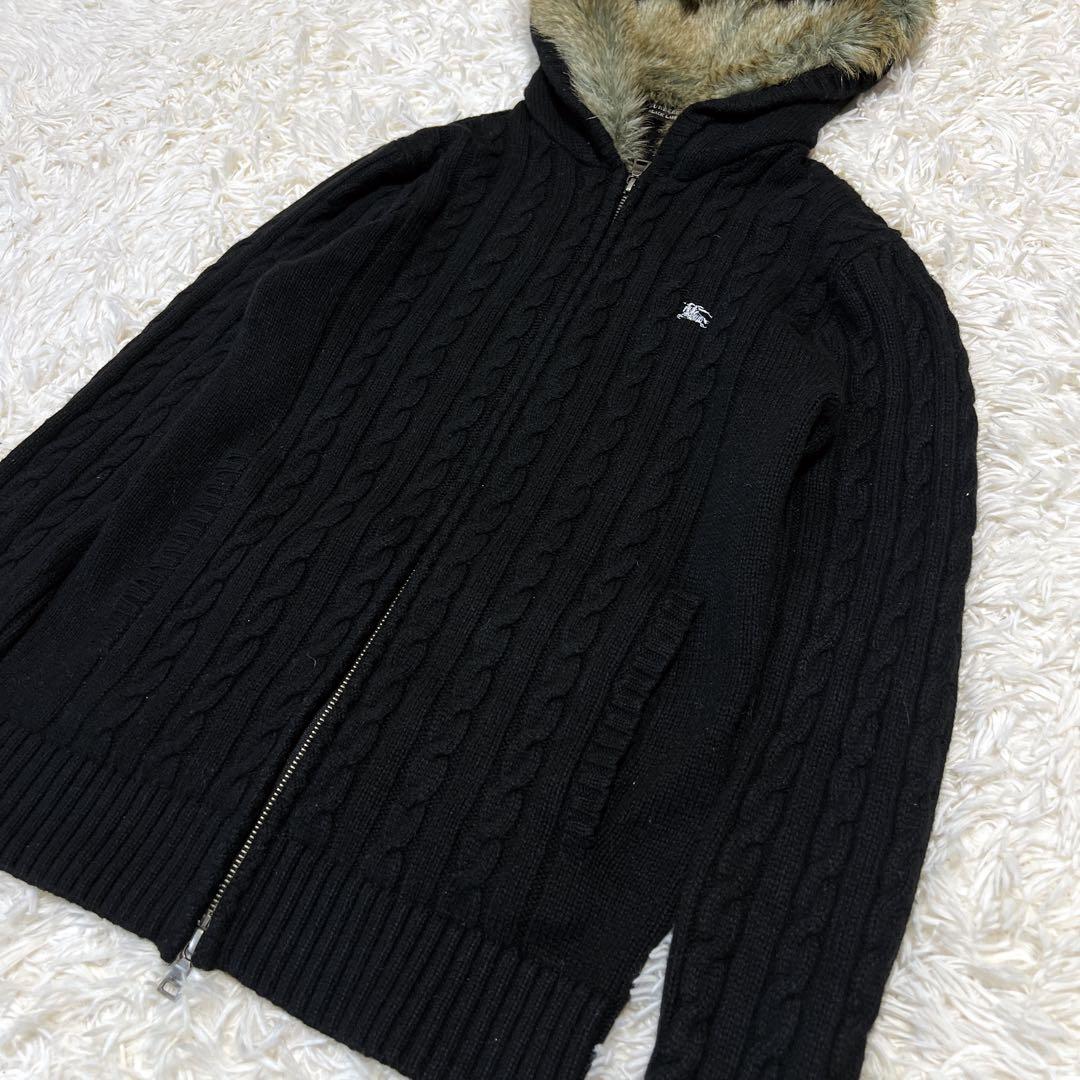 美品✨バーバリー ドライバーズニット ファー フード ケーブルニットパーカー 黒