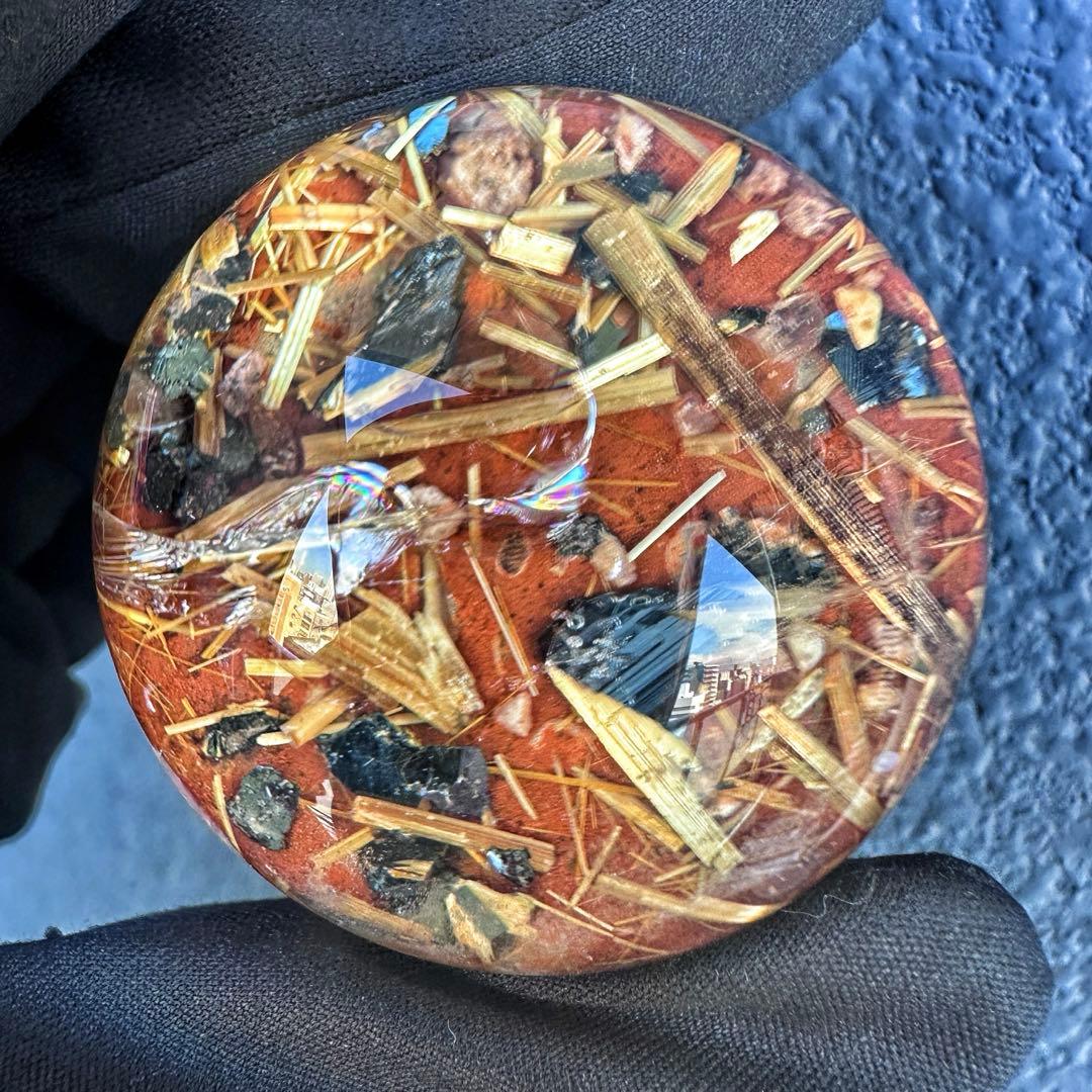 金運❗️レインボー☆タイチンルチル パイライト共生 ガーデンクォーツ丸玉A1304