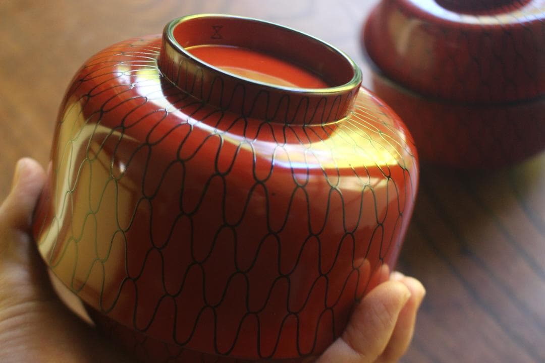 極小傷有！極上朱漆に風情ある網目文の映える大椀2点（検輪島塗懐石道具茶道具懐石椀