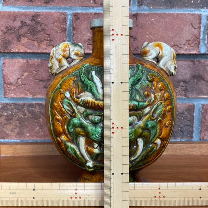 唐三彩色の花瓶　壺　龍顔　　骨董
