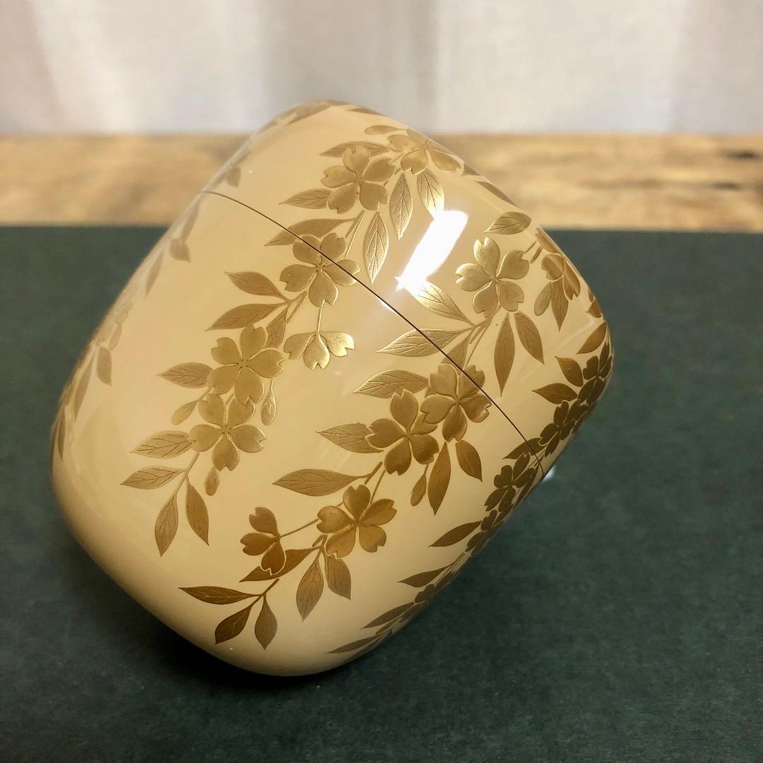 若島孝雄 白塗枝垂桜蒔絵大棗 共箱 茶道具 銀地
