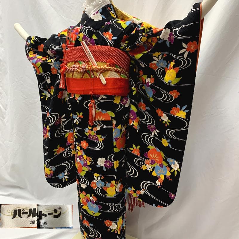 508ag24□七五三 七歳 十三参り 女児 着物&袋帯 縮緬 流水に花□美品