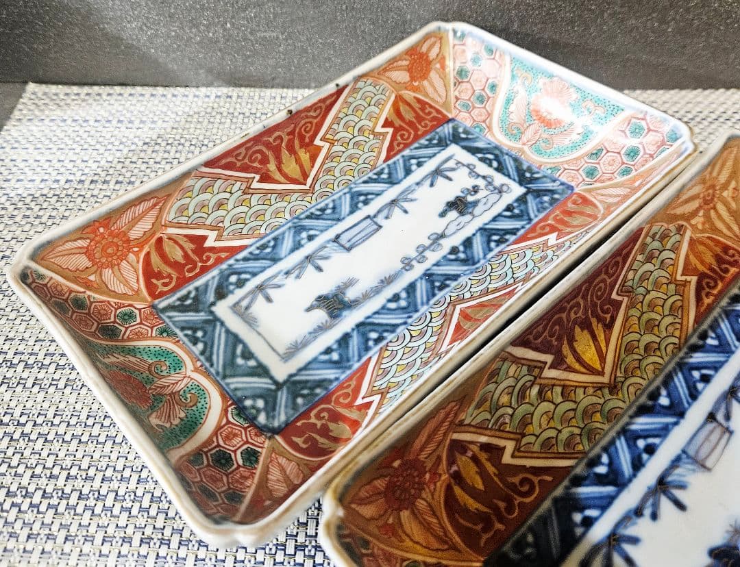 【上作古伊万里❗】幕末〜明治　古伊万里　染錦　波　亀甲　花　径20.0cm皿2客