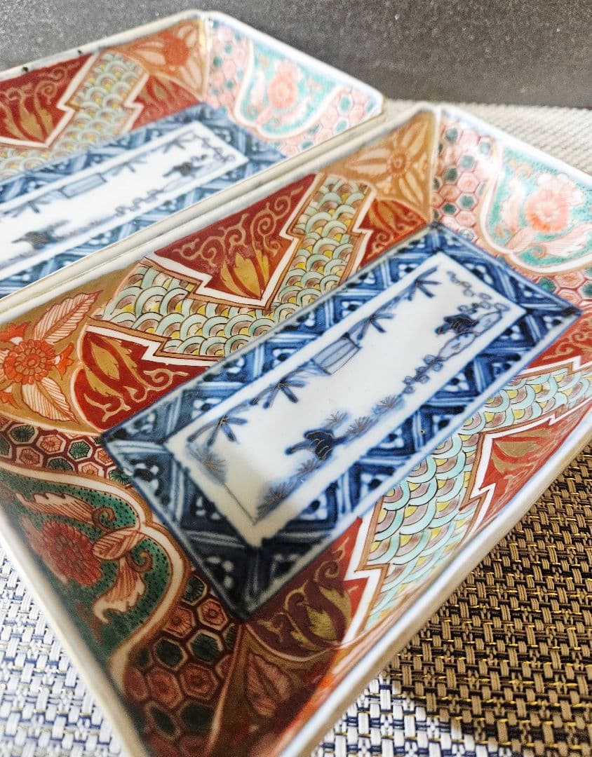 【上作古伊万里❗】幕末〜明治　古伊万里　染錦　波　亀甲　花　径20.0cm皿2客