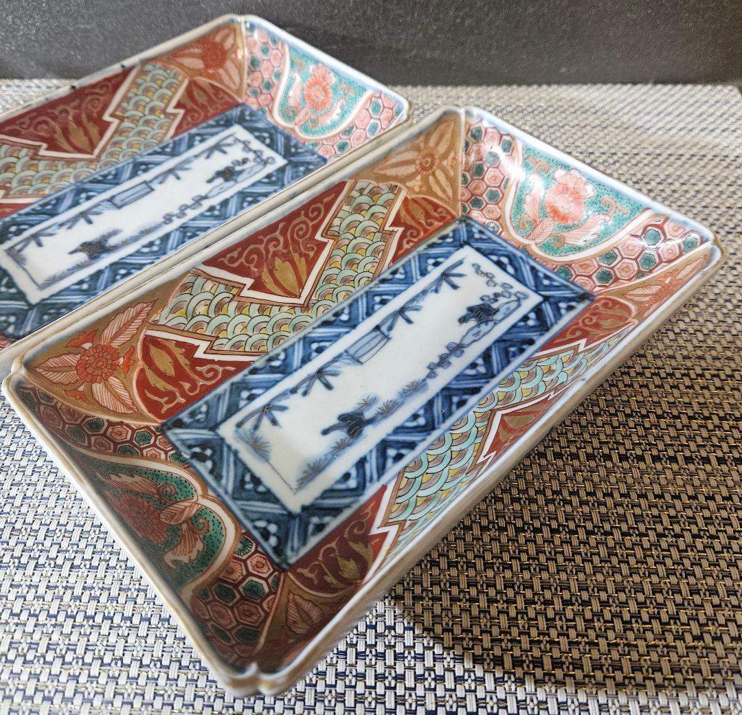 【上作古伊万里❗】幕末〜明治　古伊万里　染錦　波　亀甲　花　径20.0cm皿2客