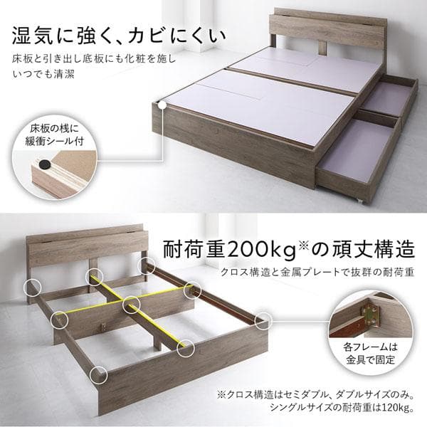 ベッド セミダブル ベッドフレームのみ シャビーオーク 宮付 収納ベッド