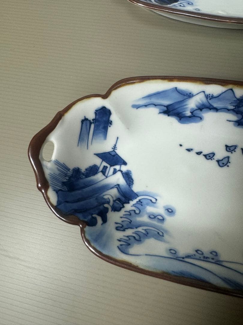2110 明治大正 伊万里 舟形皿 4客　長山文製 染付山水　時代物