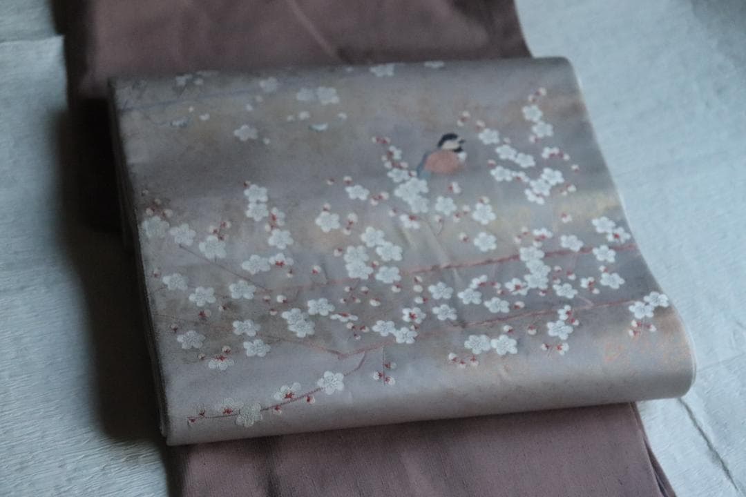 袋帯　梅と小鳥　作家物