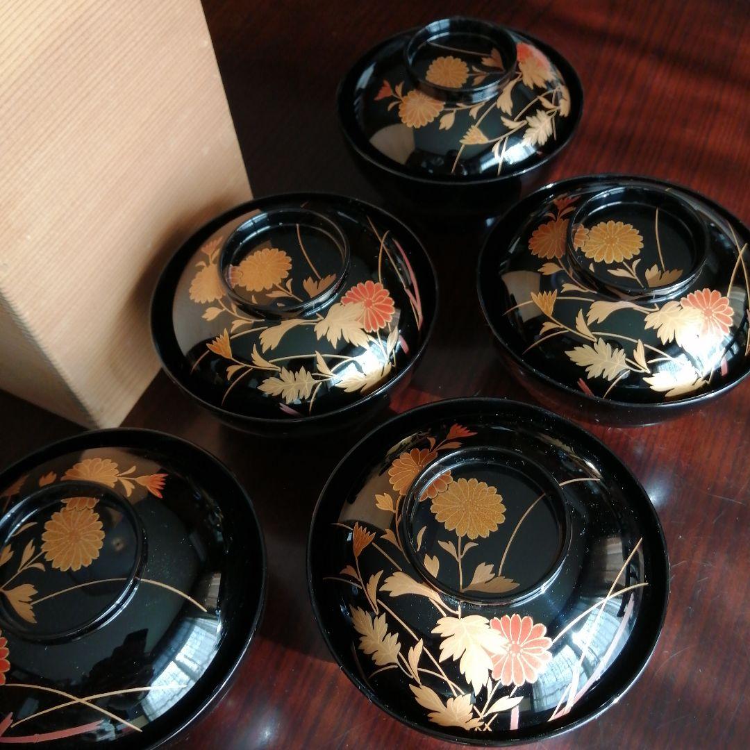 輪島塗　金彩蓋付吸物椀　5客　11.8cm