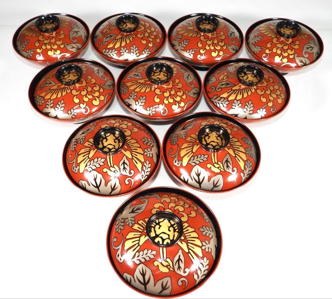 輪島塗 木製漆器 沈金 蓋椀 大吸物椀 汁椀 10客　直径17cm