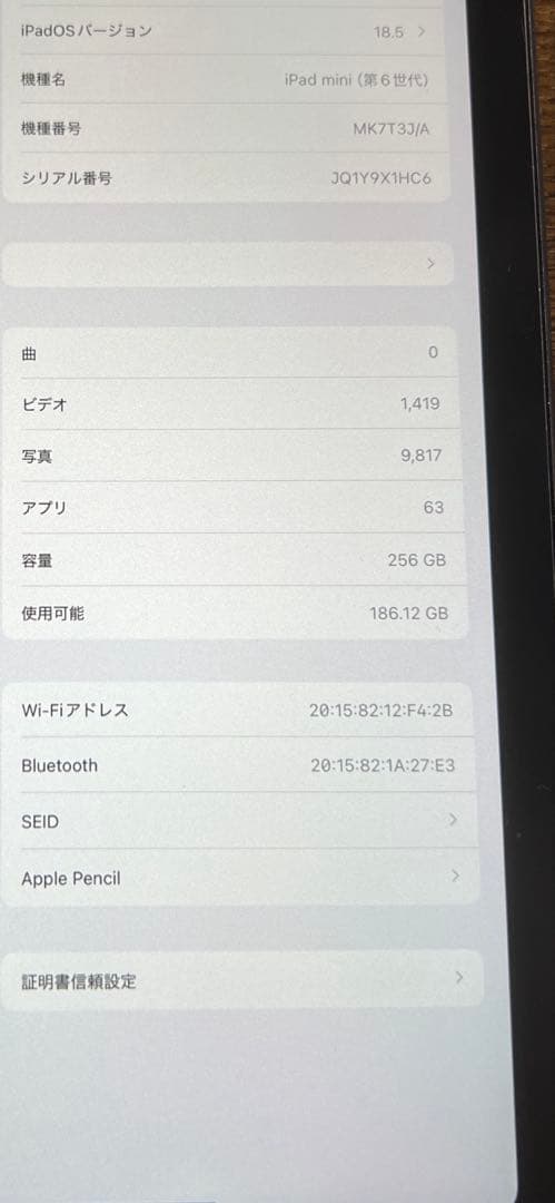 iPad mini6 256GB Wi-Fi バッテリー100%ペンシル付き