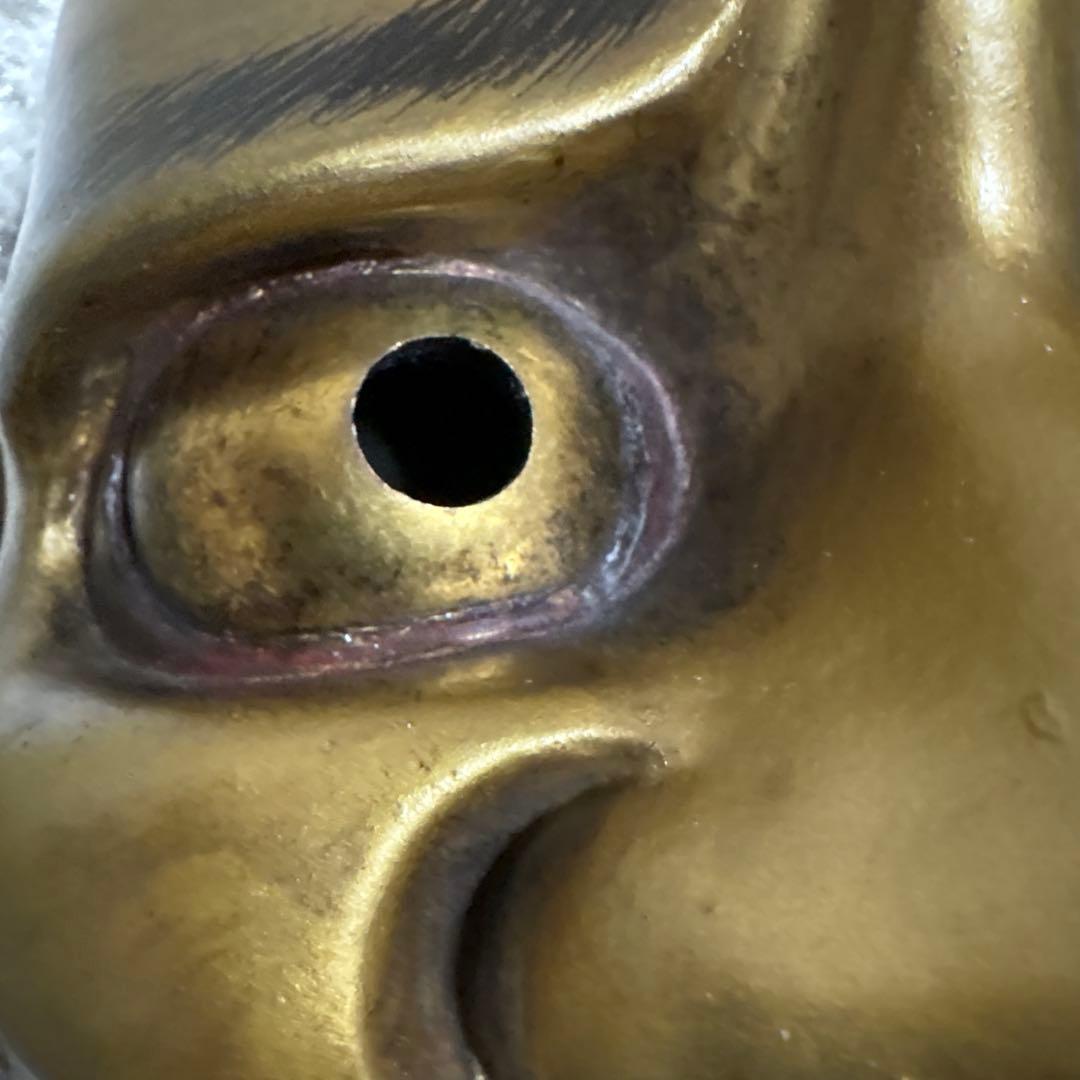 お面　能面　男　黒髭面　刻印作者不明　伝統工芸　神楽　壁掛け　置物　狂言面　金色