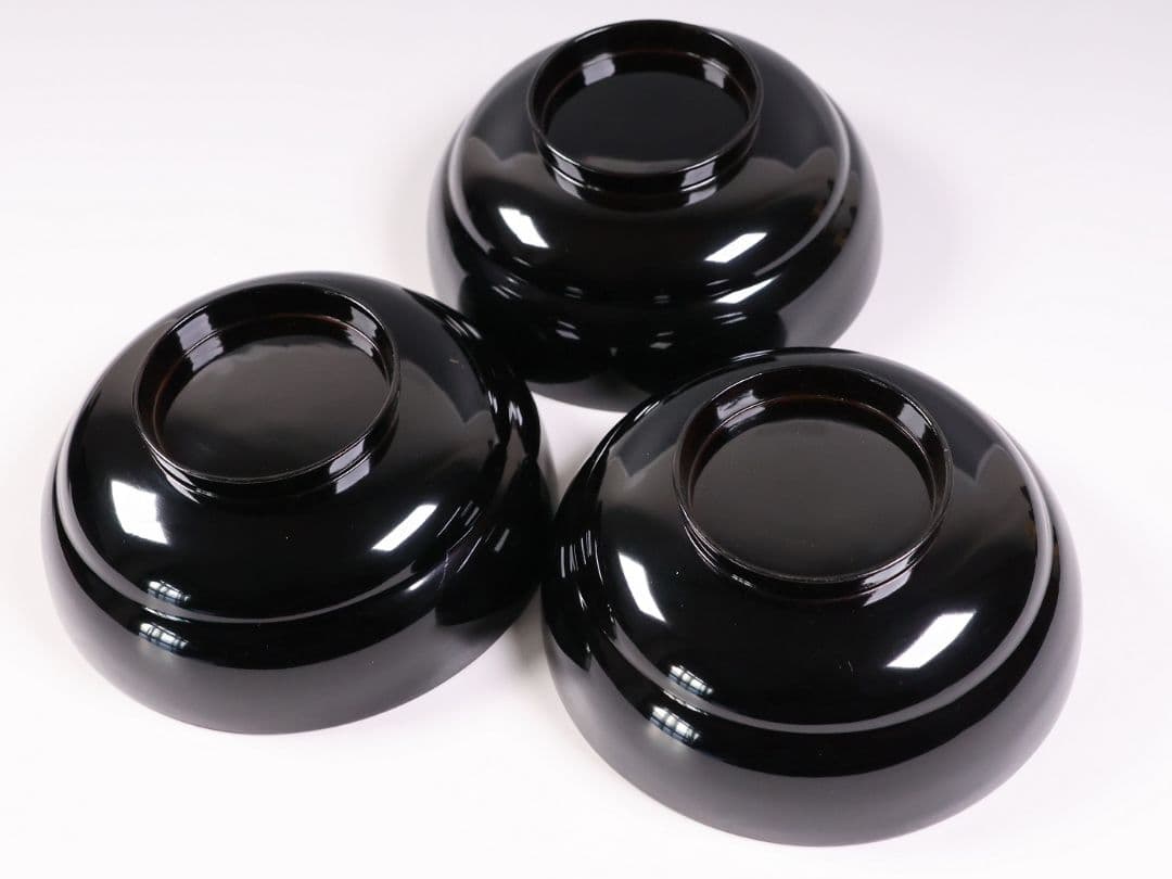 【CM414】輪島塗 松竹梅 金蒔絵 木瓜形 黒塗椀 三客 天然木漆塗 漆器