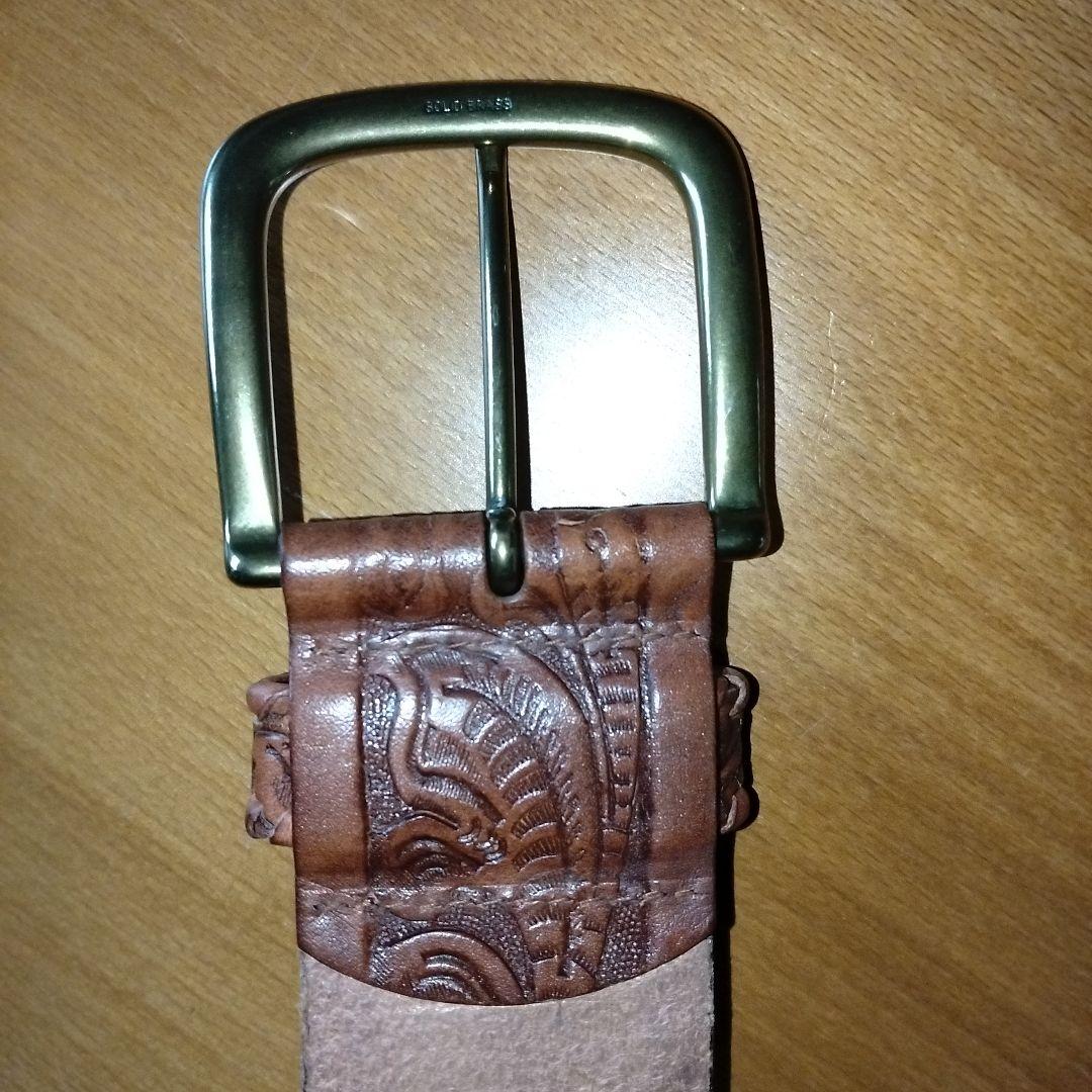 ラルフローレン　ベルト　S　ブラウン　本革　型押し　総柄　幅広　バックル金色