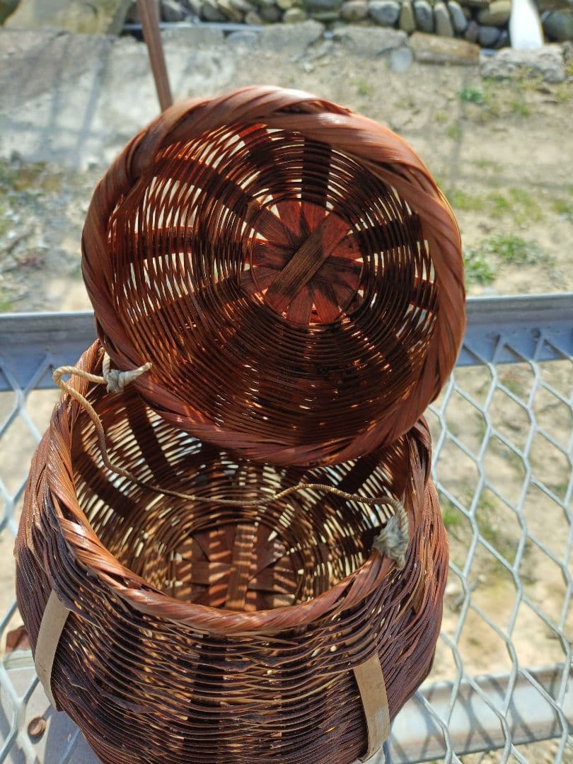 昭和レトロ 竹製 魚籠（びく） 腰籠 網付き 釣り道具 古道具ビンテージ