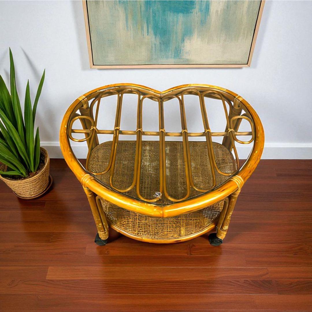 【希少】ハート型　ラタン　ガラス　テーブル　アンティーク　家具　レトロインテリア