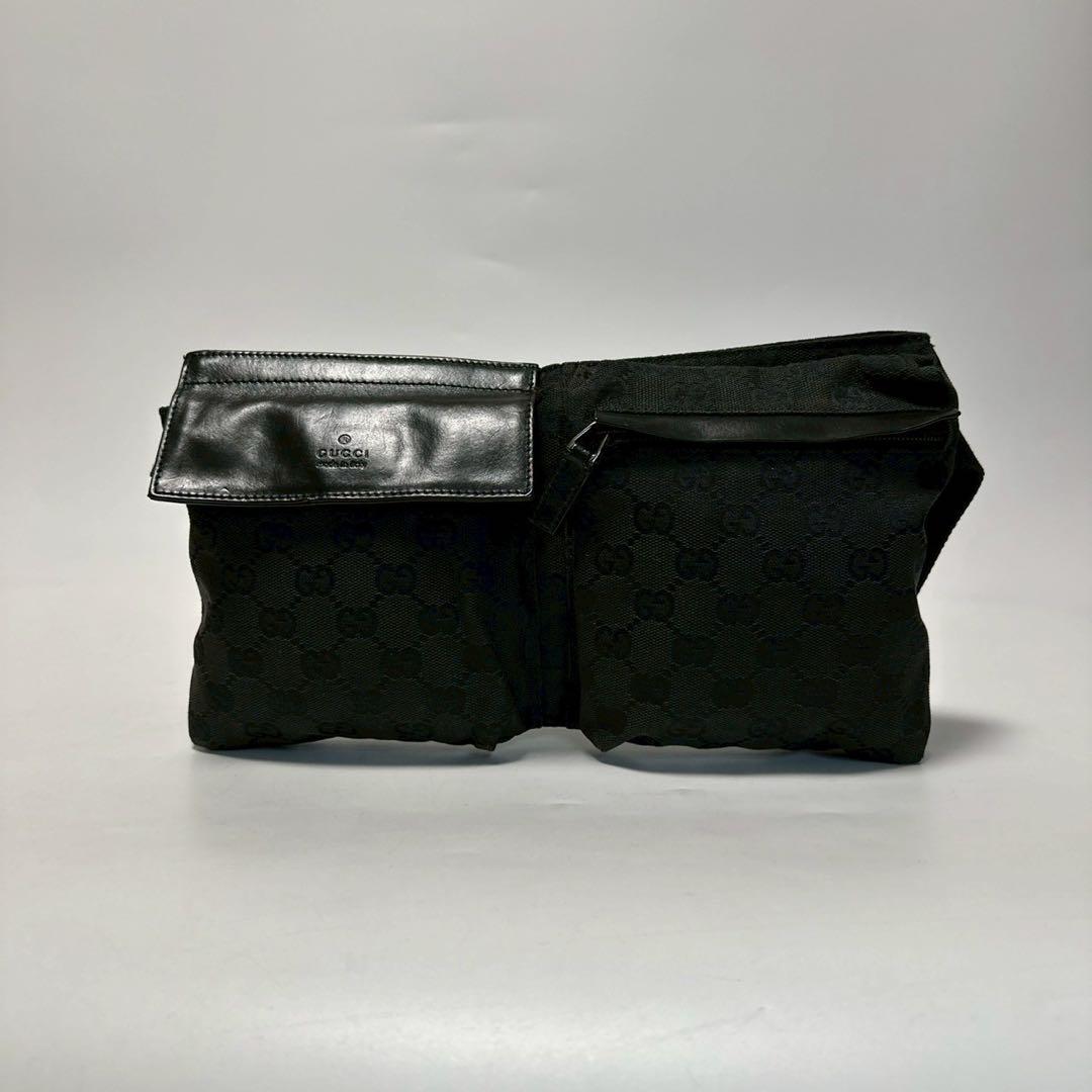 r17【美品】グッチ　GGキャンバス レザー　ブラック　ウエストポーチショルダー