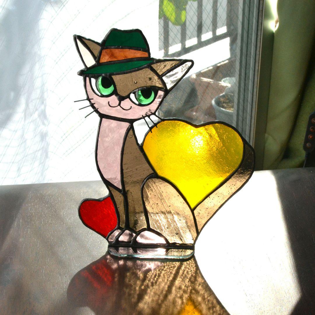 グリーンアイ 帽子の猫 ステンドグラス