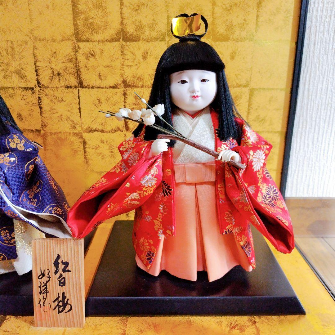 市松人形　紅白椿　好洋作　花柄和服　雛祭り　伝統工芸品　ガラスケース付