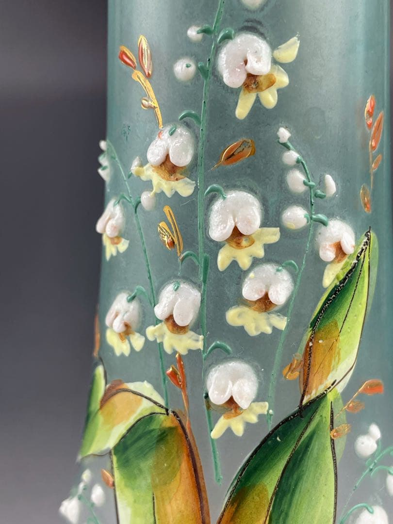 【希少】ボヘミアグラス ２２．５㎝ エナメル盛 スズラン紋 花瓶 一輪挿し