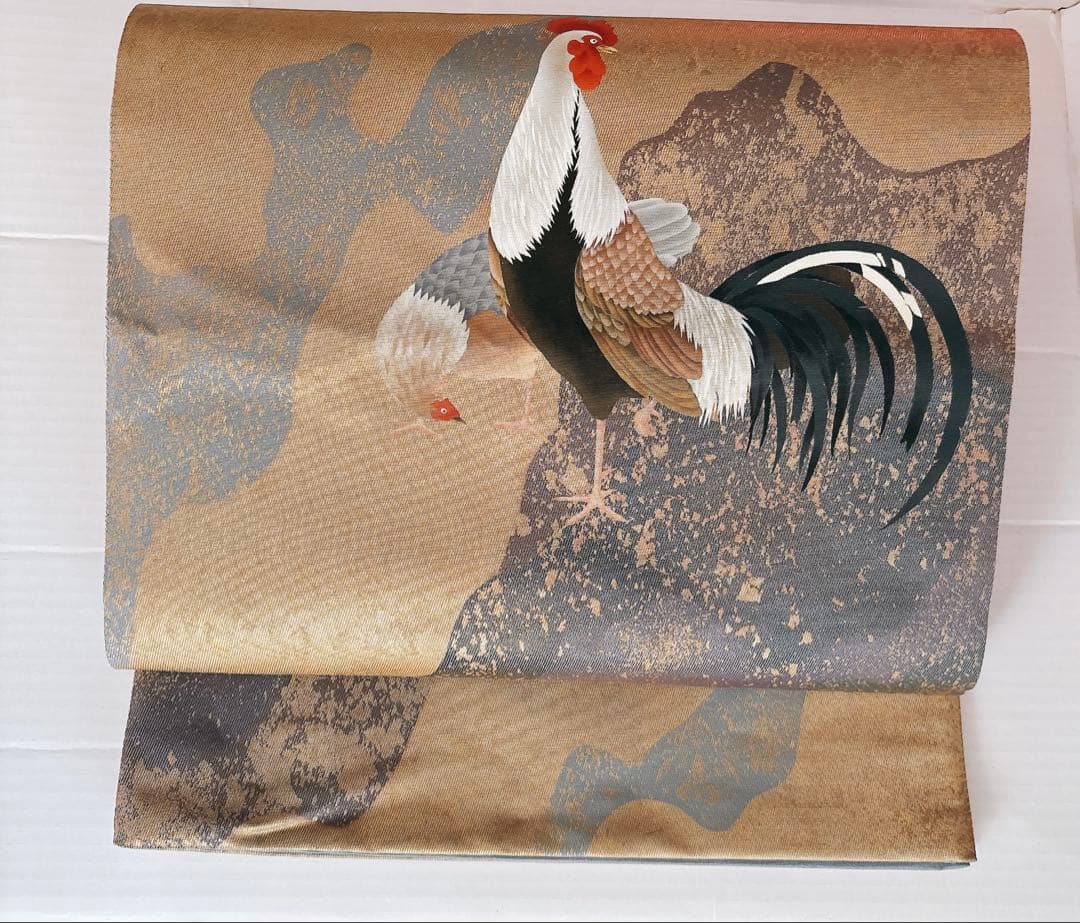 手描きの鶏ニワトリとひよこが可愛い箔の袋帯　六通　グレー灰色金箔銀箔