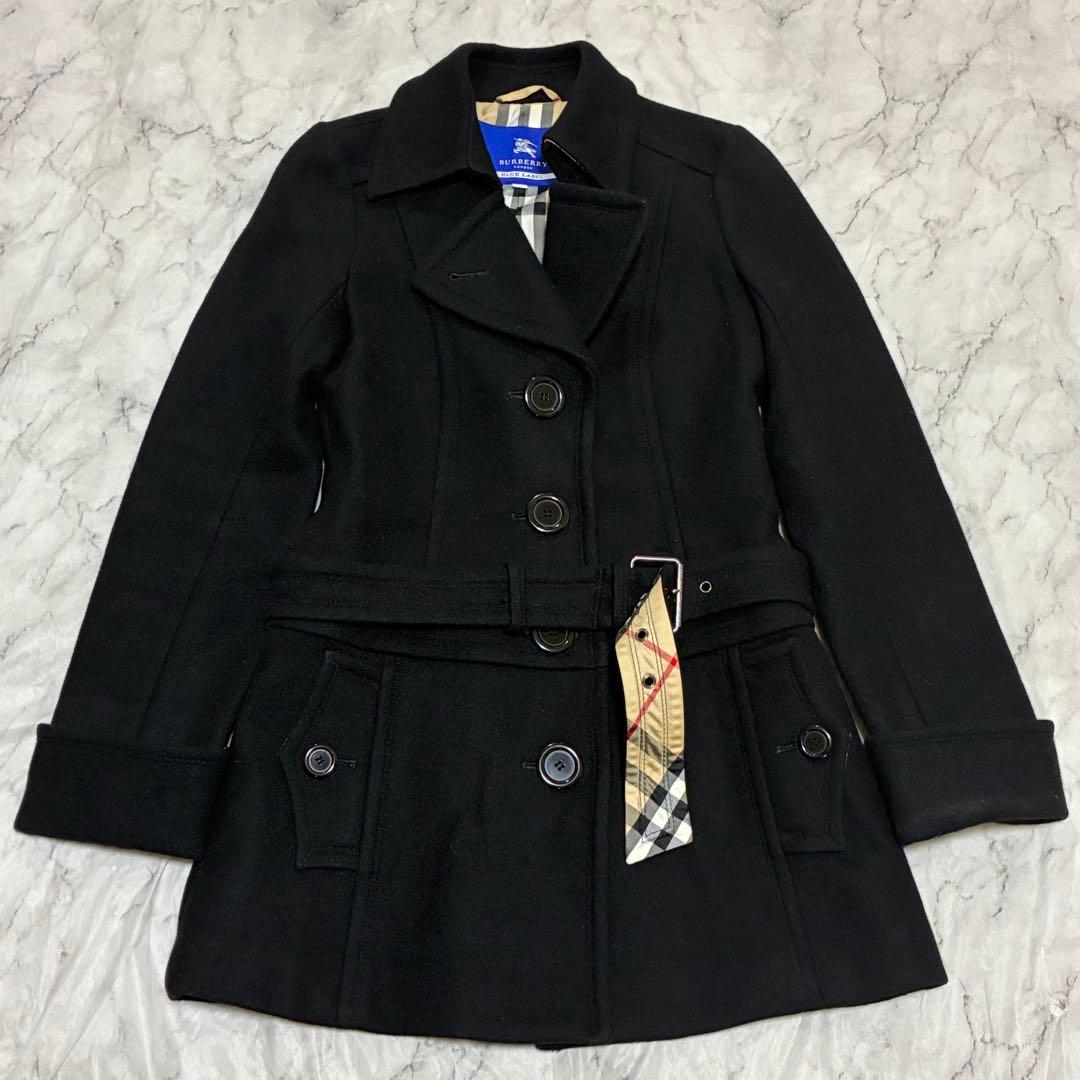 BURBERRY 美品 ノバチェック ベルト付 メルトン コート 黒 ブラック