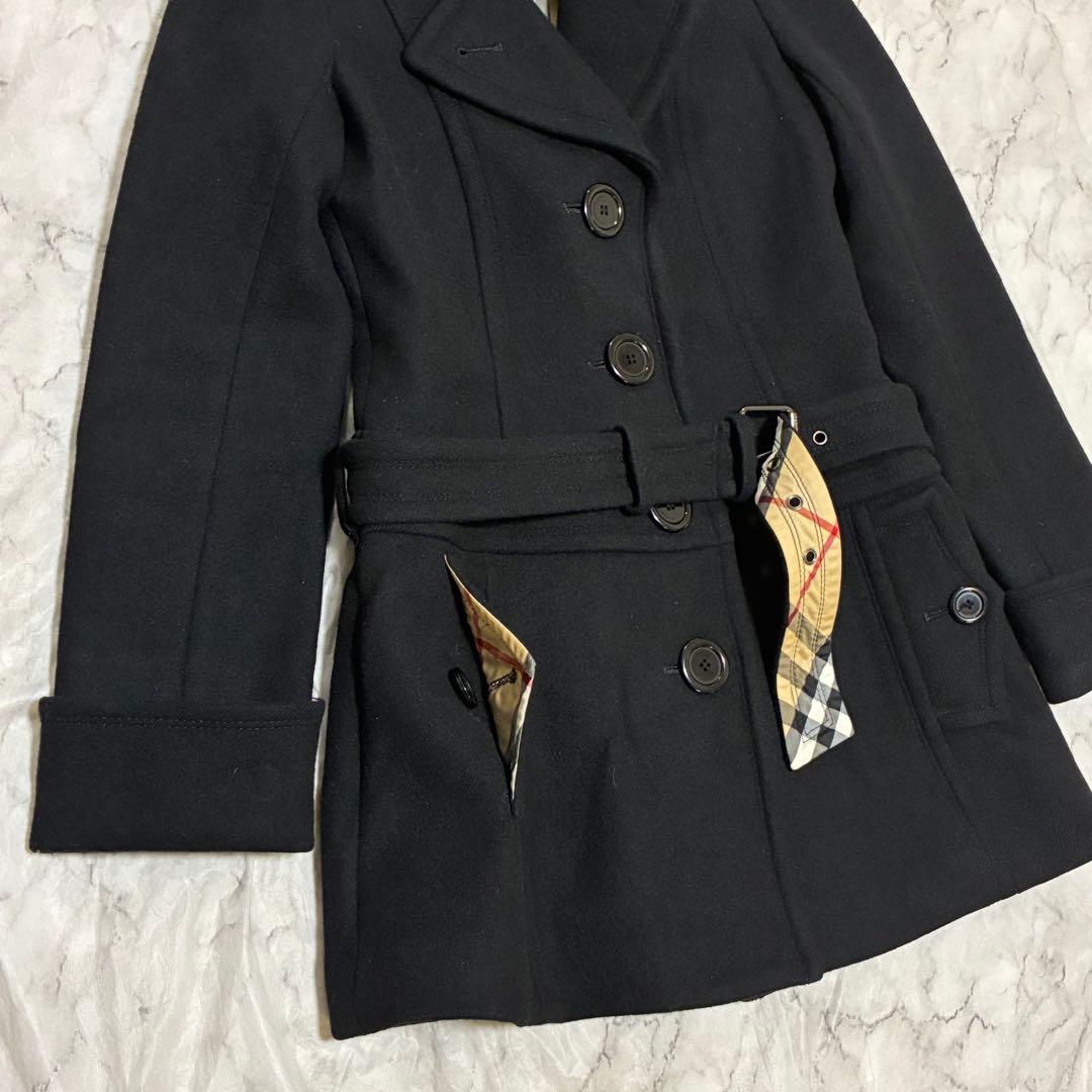 BURBERRY 美品 ノバチェック ベルト付 メルトン コート 黒 ブラック