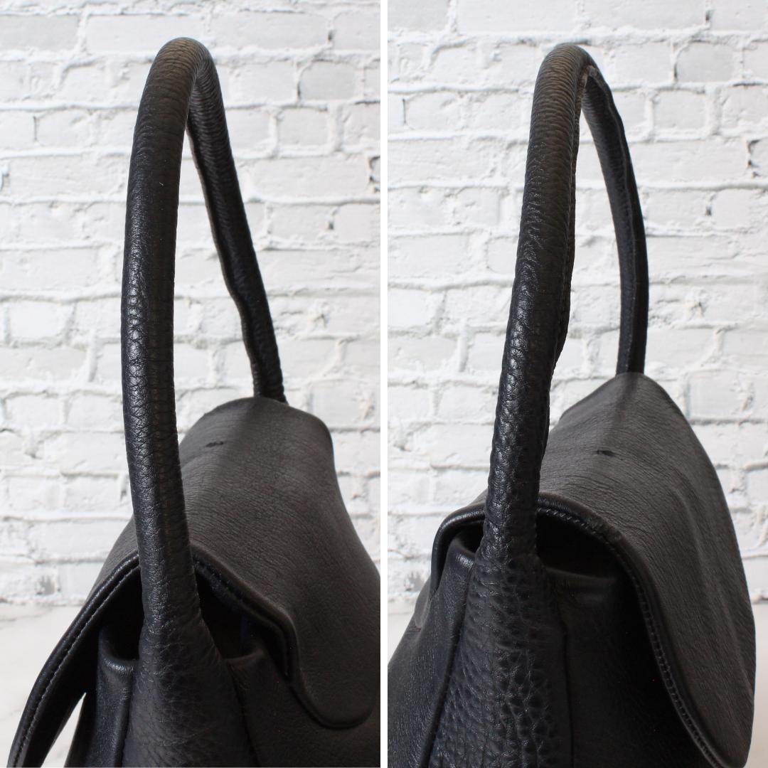 ヒロフ ハンドバッグ フォーマルバッグ ワンハンドル レザー シボ革 ブラック系