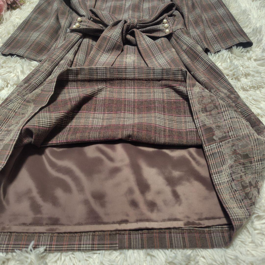 【美品♡希少46】ローズティアラ　チェック&刺繍パール　リボンフレアワンピース