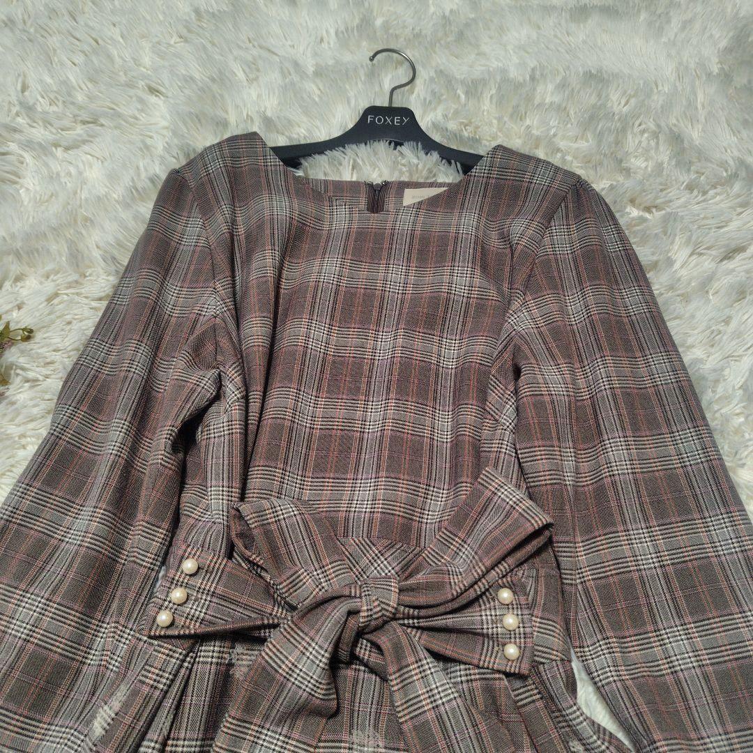 【美品♡希少46】ローズティアラ　チェック&刺繍パール　リボンフレアワンピース