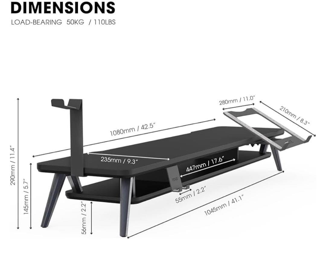 モニター台 卓上 机上台パソコン台 108cm横幅 2段 木製天板 アルミニウム