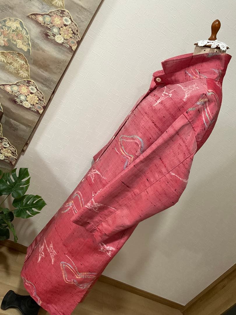 着物リメイク❣️ぴんくの紬からシャツカラーコート❣️