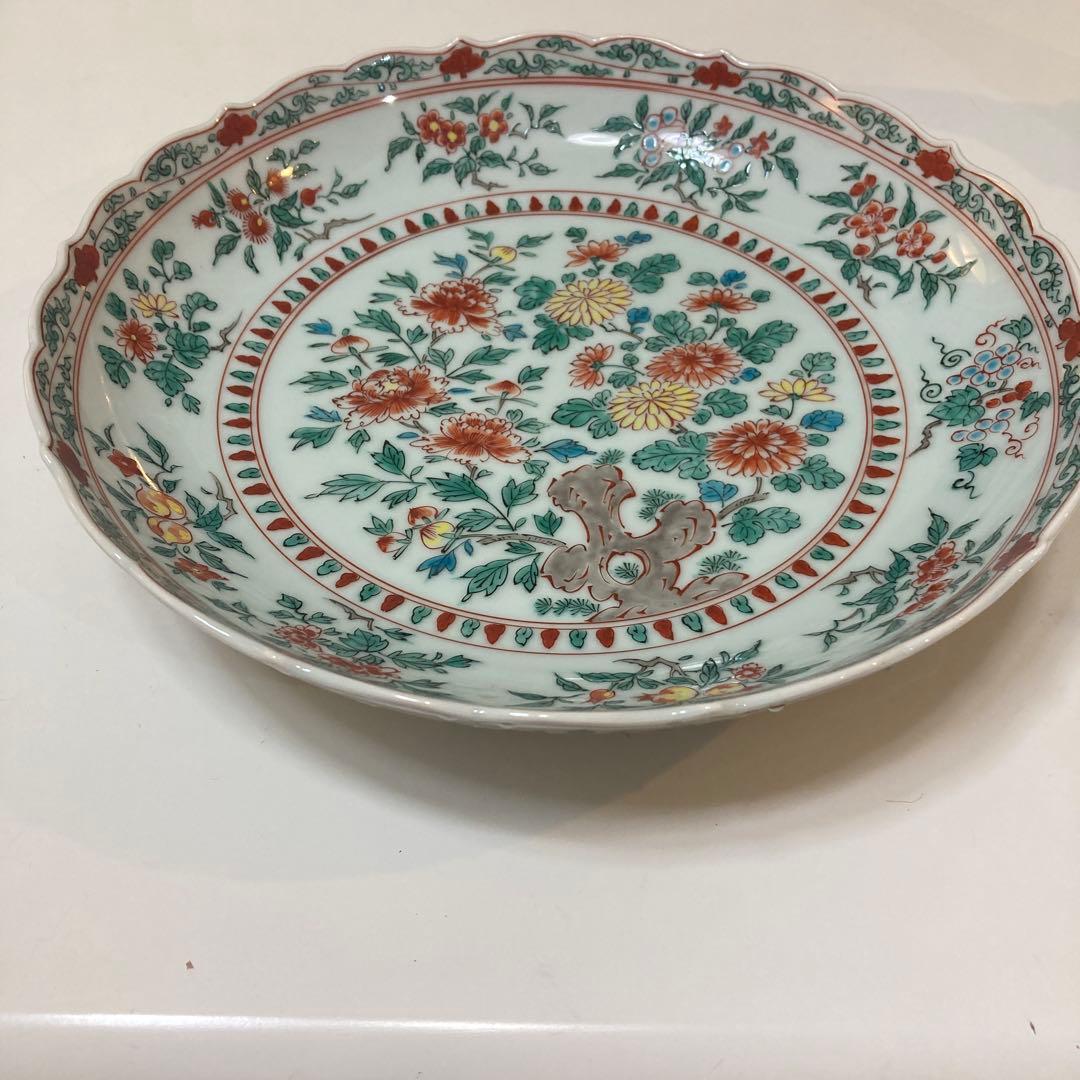 清水焼　平安一星作　彩色菊花大鉢　皿立て付き　直径30㎝　アンティーク