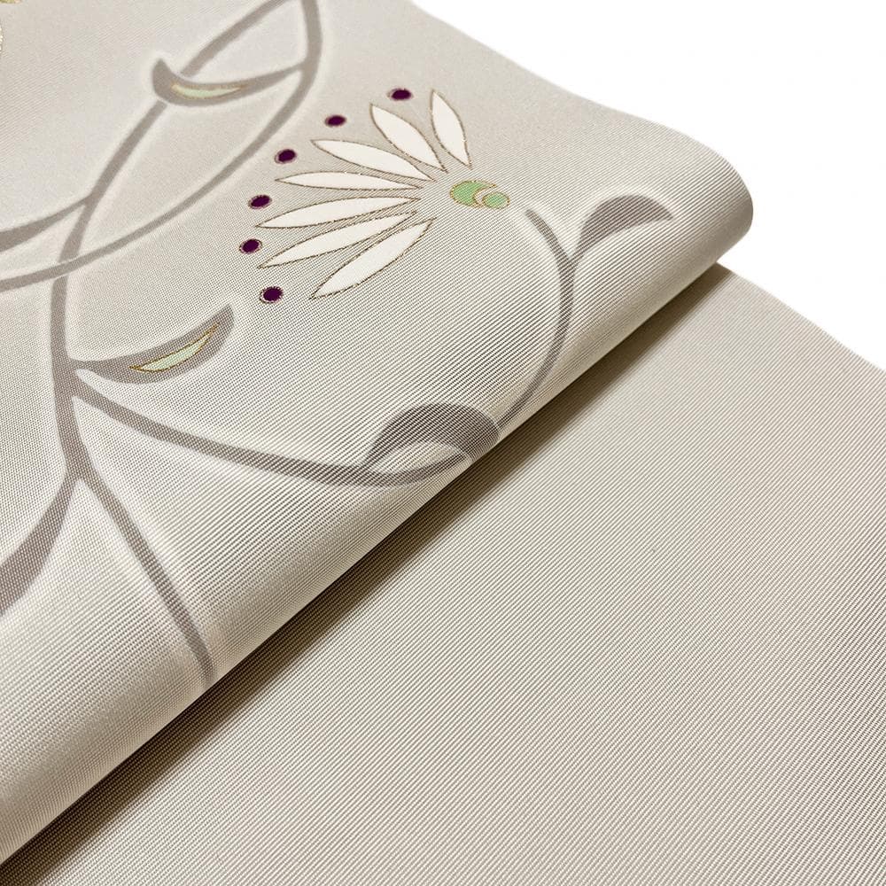 極上の手描友禅 名古屋帯 九寸 塩瀬 正絹 中古 花唐草 No.ymo0072