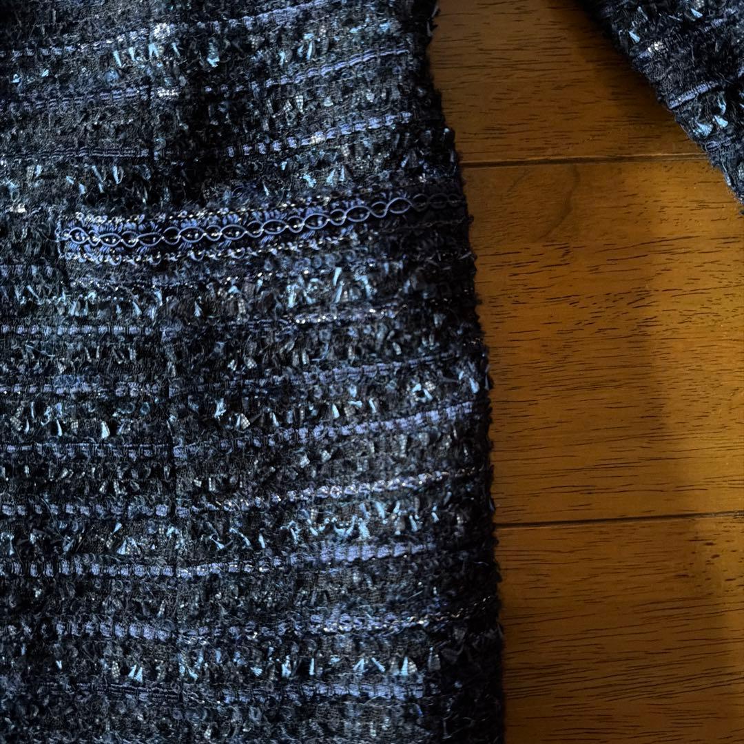 Leilian ノーカラージャケット ネイビー ツイード