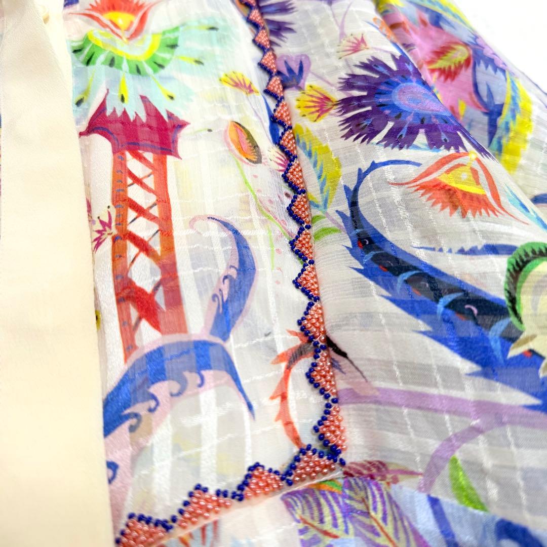 未使用級✨エトロ✨シルク　ボタニカル柄シアーブラウス（M）ビーズ　馬　お袖リボン