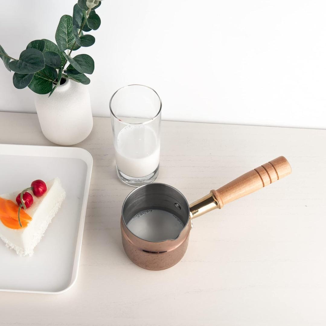 ステンレス製ソースパン、IH対応、400ml、目盛付き、アンティークゴールド色、