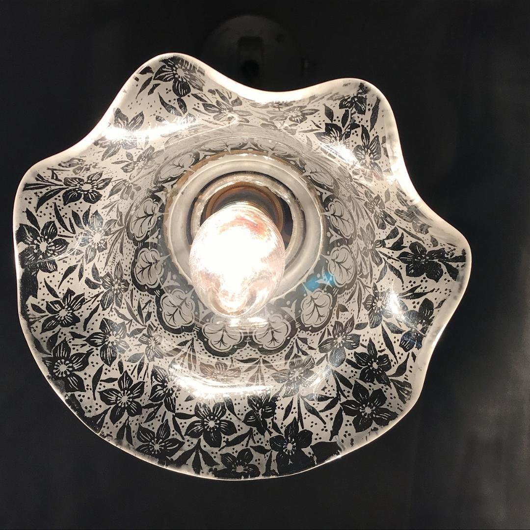 ③　英国アンティーク　エッチングガラス　ボタニカル　ランプシェード